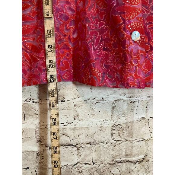 Hearts of Palm Top Womens 10 Petite Pink Glitter Burnout Button Up Sheer Floral - Picture 8 of 12